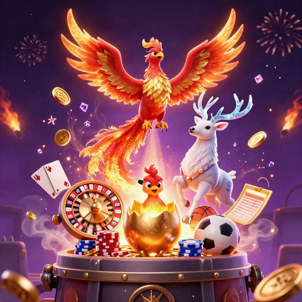 Phoenix, hatchling, and crystalline stag amid coins, chips, roulette, and fireworks.