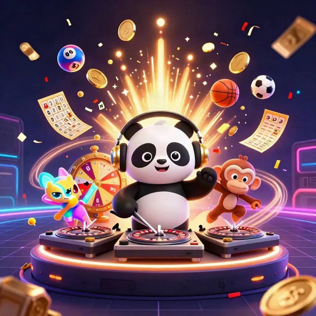 Panda DJ, monkey, and kitten amid coins, fireworks, lottery balls, and casino props on a neon grid.