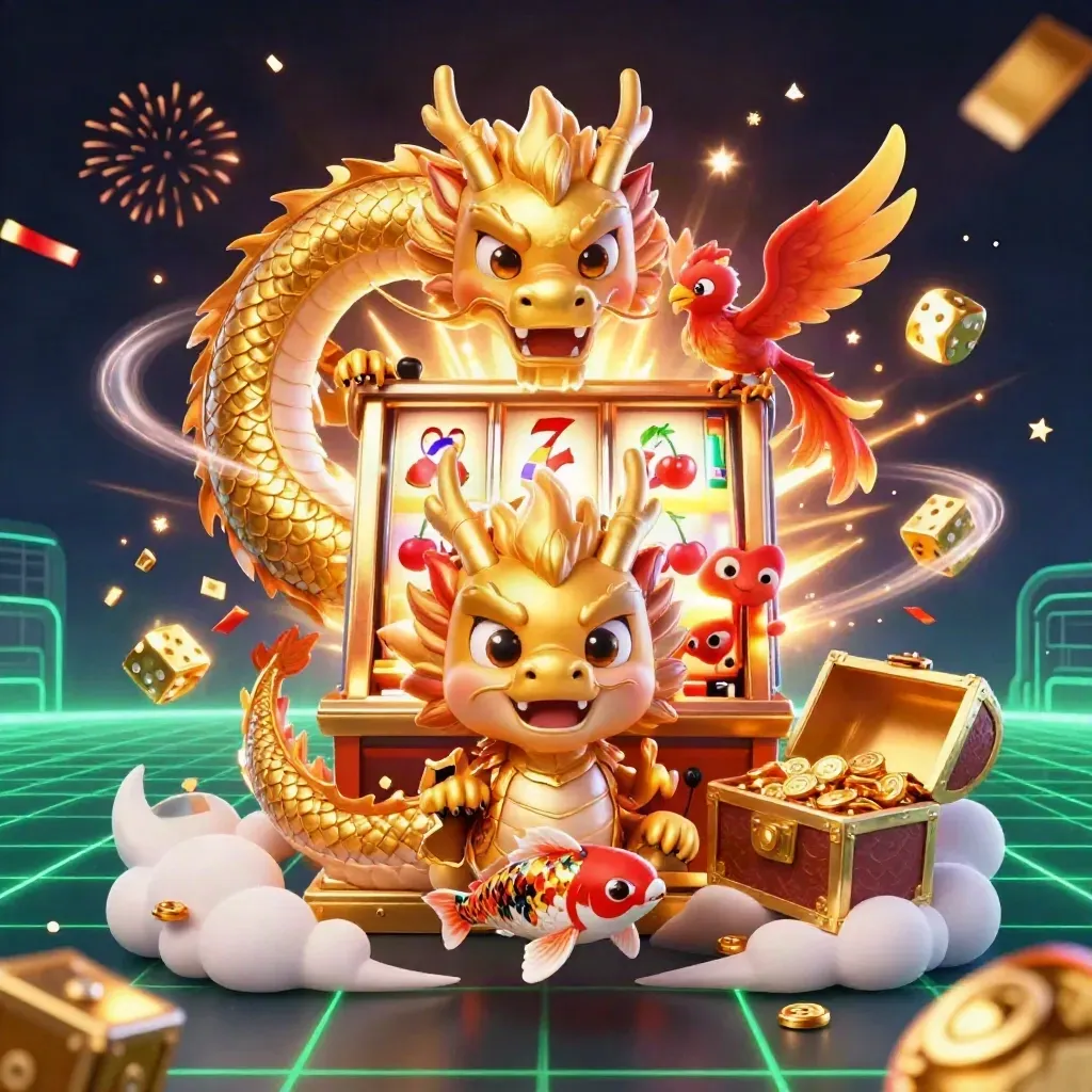 Golden dragon with phoenix and koi amid jackpot burst, treasure, dice, and neon casino glow.