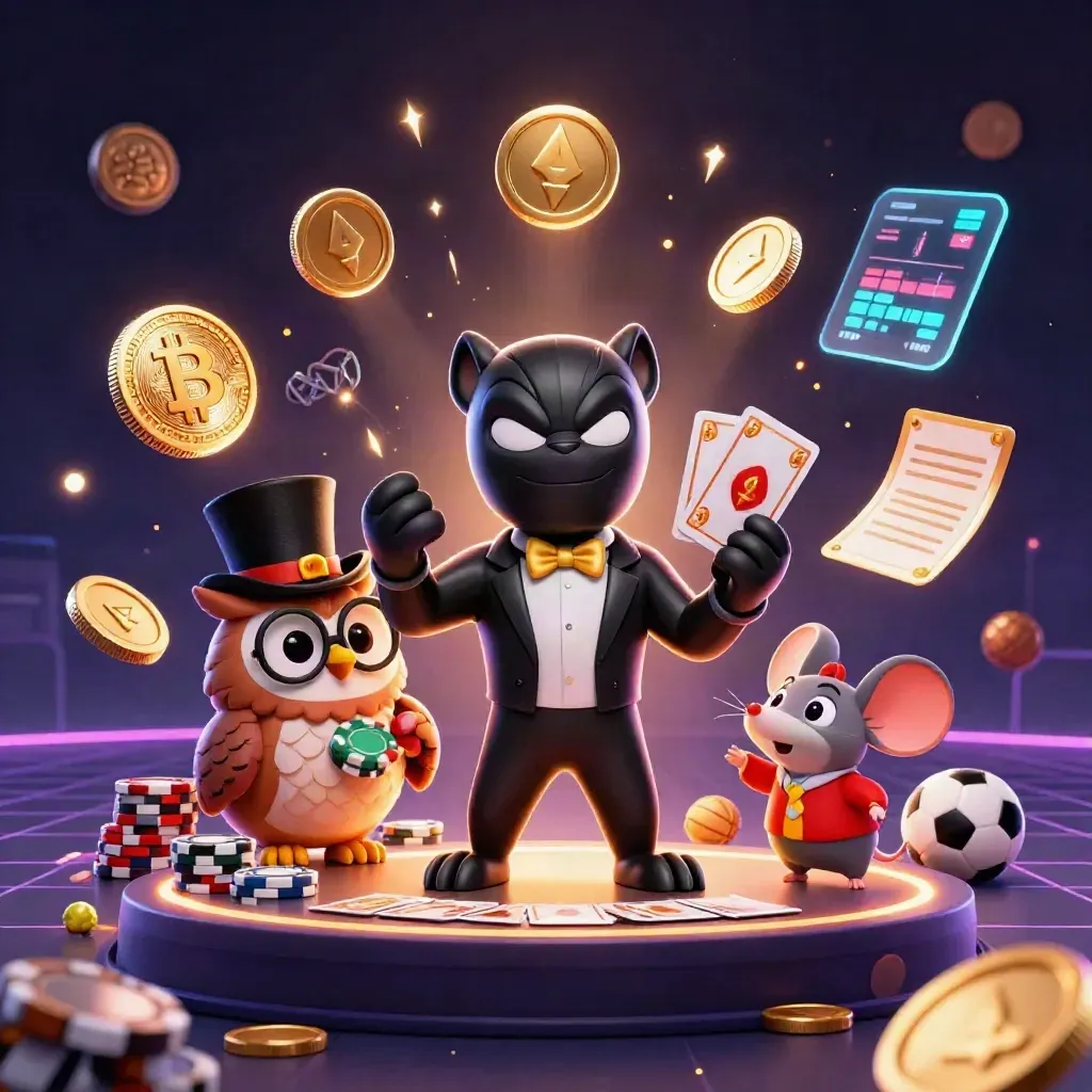 Panther, owl, and mouse amid exploding coins, casino lights, and sports betting symbols.