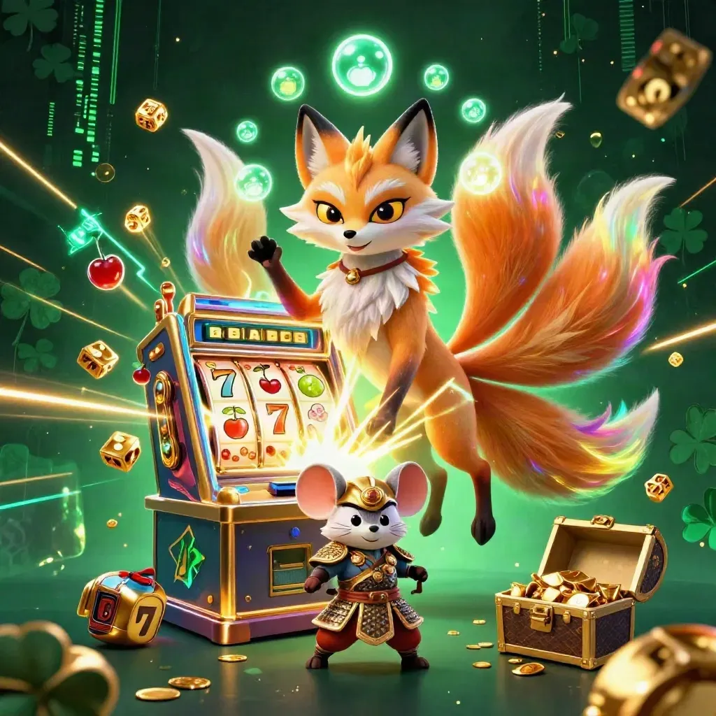 A neon nine-tailed fox and golden samurai mouse amid exploding slot symbols and gold.