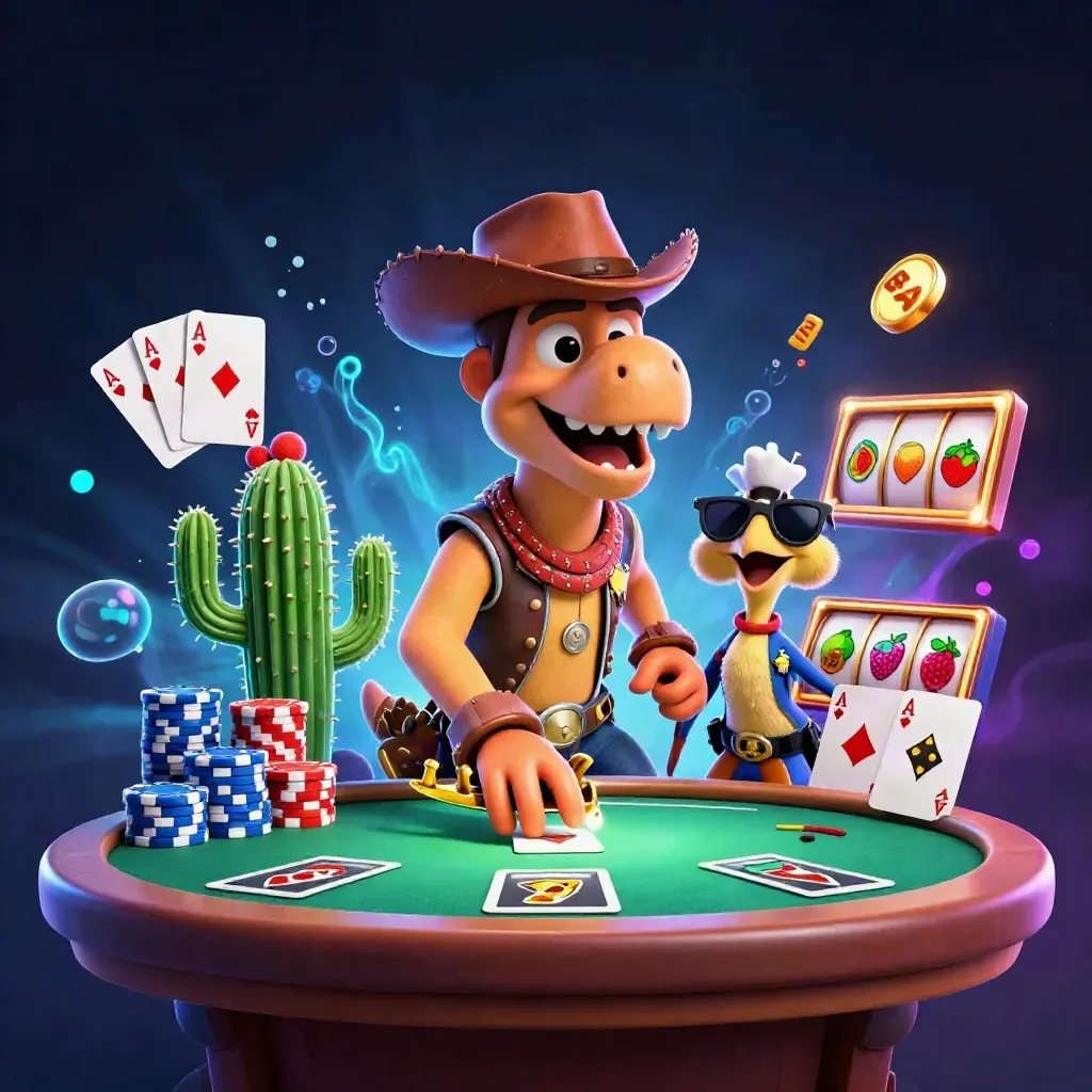 Cowboy T-Rex, cactus sidekick, and sheriff roadrunner at a glowing casino poker table.