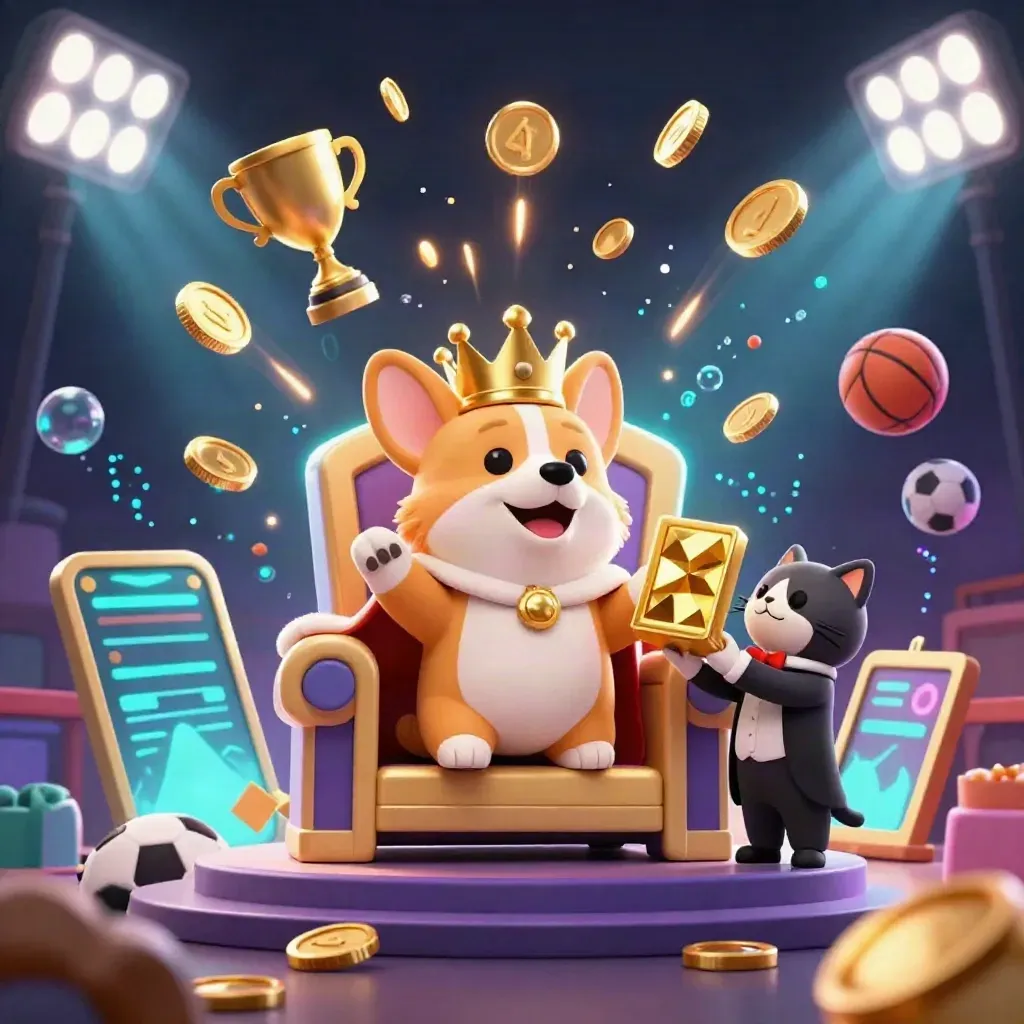 Crowned corgi and cat butler amid coins, trophy, and sports balls in a glowing casino burst.
