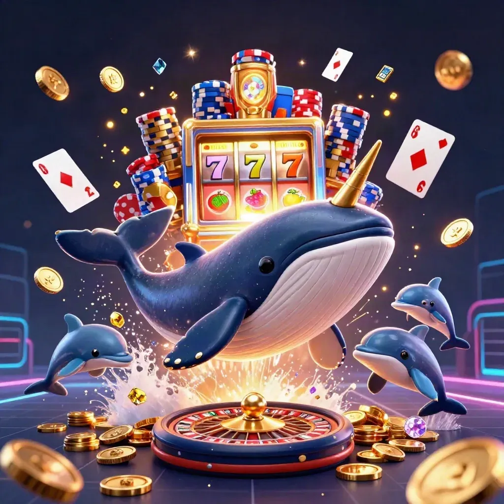 Whale captain, narwhal, and dolphins burst through coins, chips, cards, and glowing casino effects.