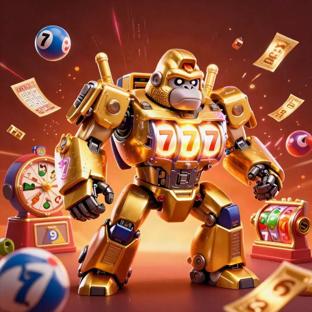 Golden slot-mech gorilla with monkey pilot amid reels, lottery balls, prize wheel, and glowing casino energy