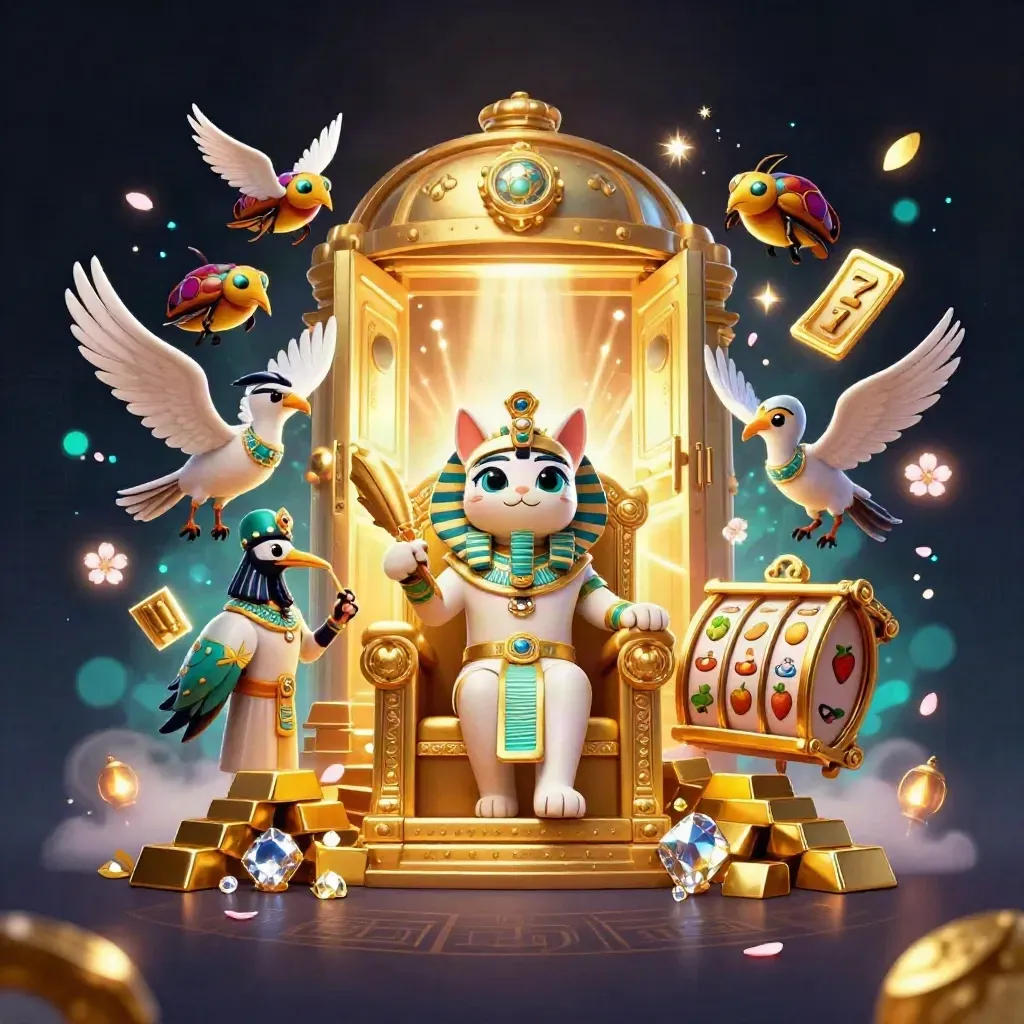 Pharaoh cat, ibis scribe, and gem-wing scarabs amid vault gold, slots, and casino glow