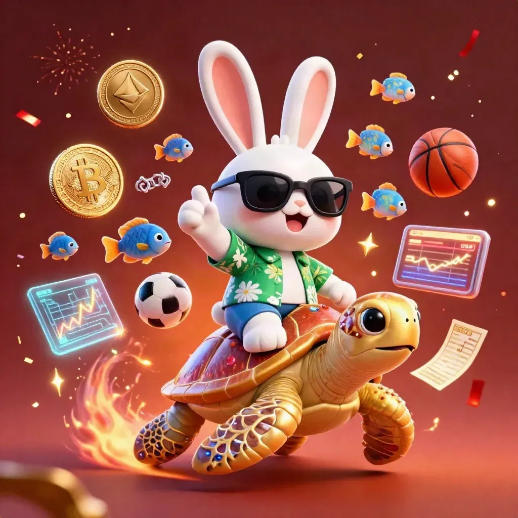 Cartoon lucky rabbit rides a golden sea turtle amid casino coins, sparks, and neon effects.