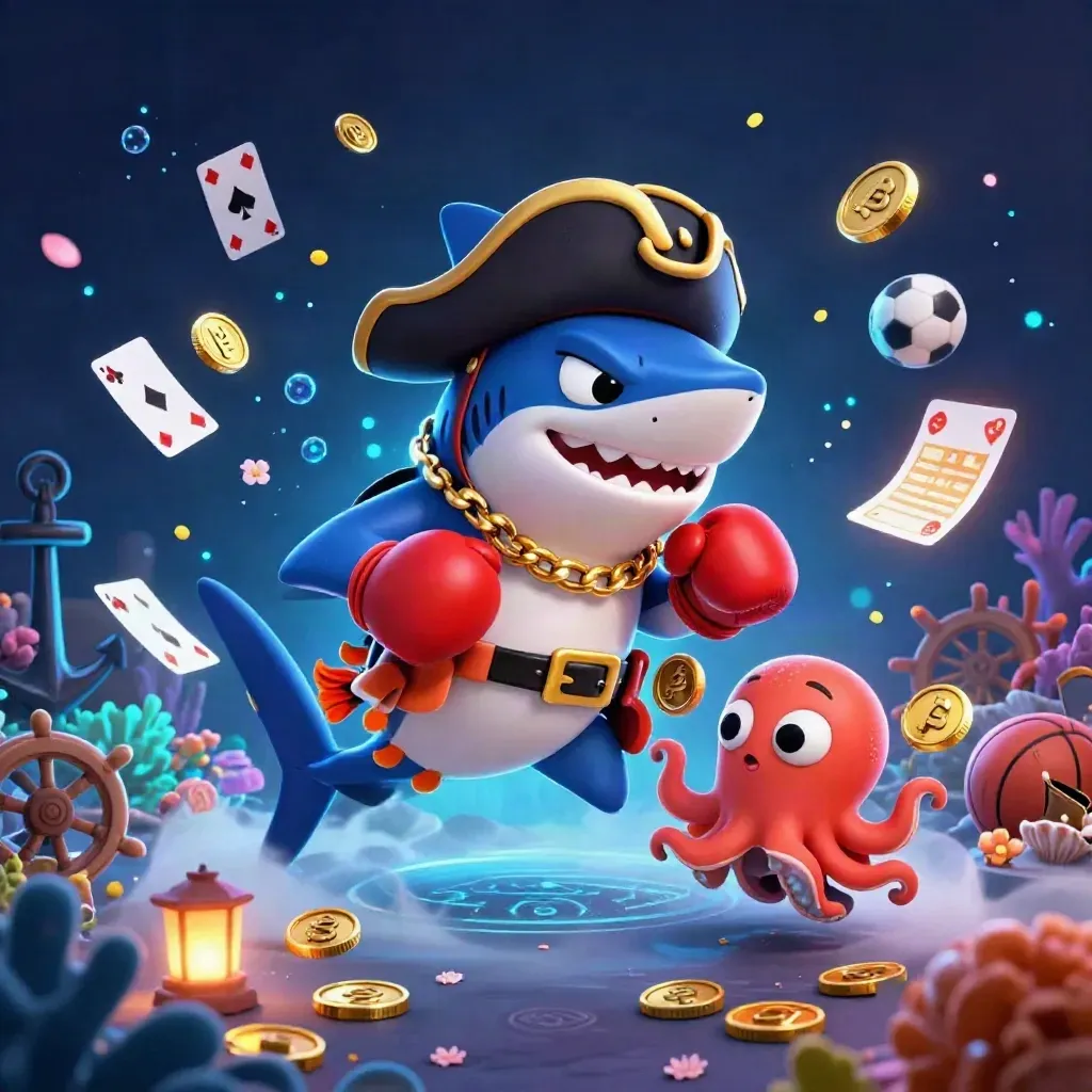 Pirate shark, boxing pufferfish and coin-juggling octopus in a neon treasure cove.