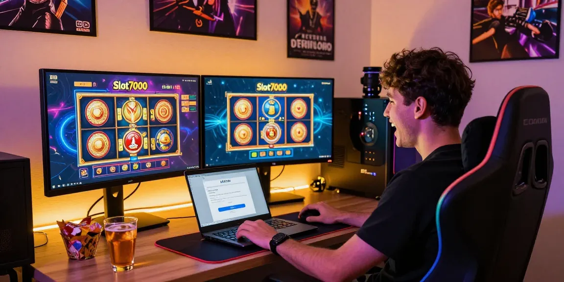 Engaging gaming setup featuring slot7000 platform with vibrant visuals and enthusiastic player.