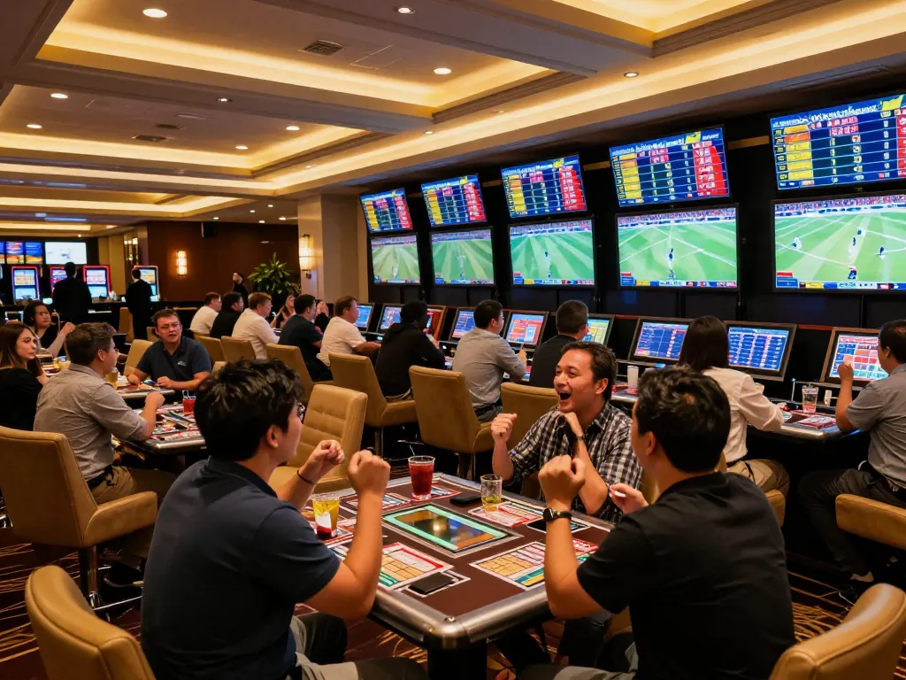 Soi Kèo provides insights as bettors analyze odds in a vibrant sports betting lounge