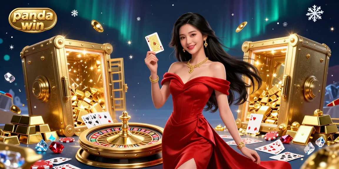 Skema roulette Panda win dengan seorang wanita cantik mengenakan gaun merah, elemen emas, dan visual 3D yang menakjubkan.