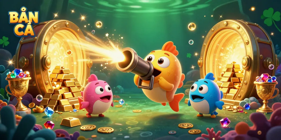 BẮN CÁ game action scene featuring vibrant underwater creatures, treasure, and sparkling jewels