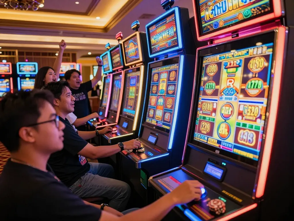 Players enjoying slot gacor action at a vibrant casino with colorful machines and bright lights.