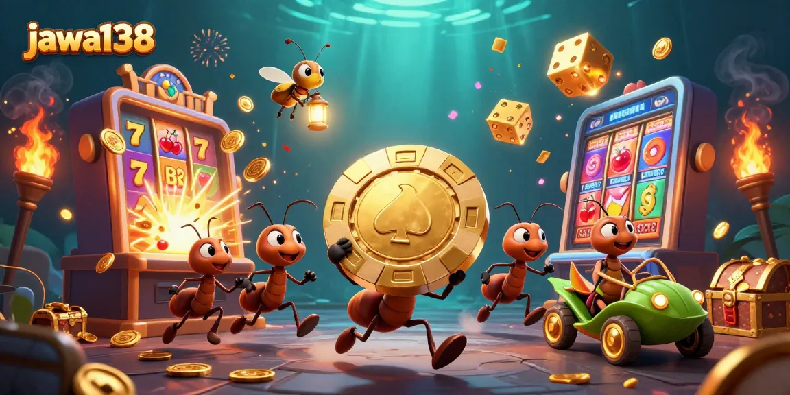 Jawa138 menampilkan tim semut 3D beraksi dengan chip poker emas, menghadirkan suasana kasino yang seru.