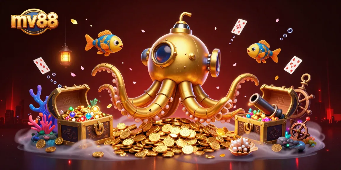 Experience mv88 excitement with a golden kraken submarine and treasure in a vibrant casino scene.