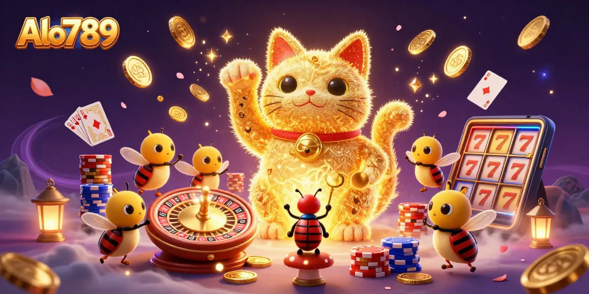 Alo789 brings luck as golden fireflies form a lucky cat surrounded by vibrant casino elements.