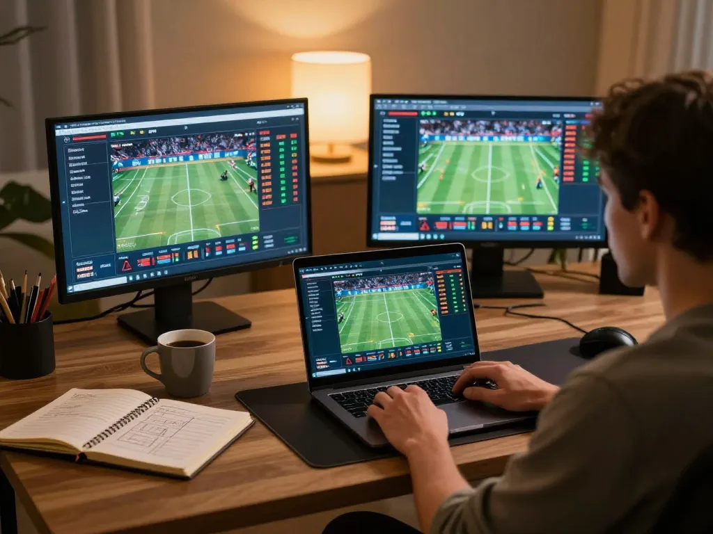 Player strategizing on sports bets with TR88 Vina online gambling interface in a cozy home office.