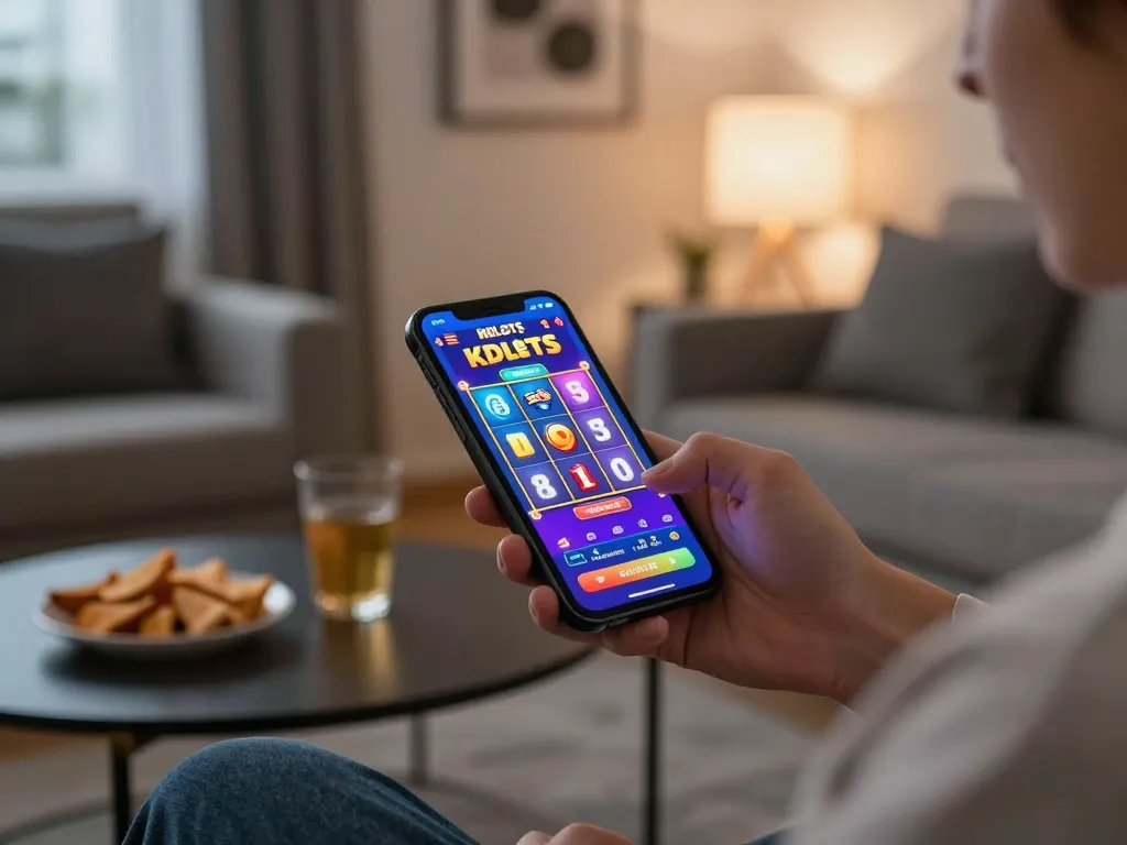 Player spins the reels in the kdslots app on a smartphone, enjoying online gaming at home.