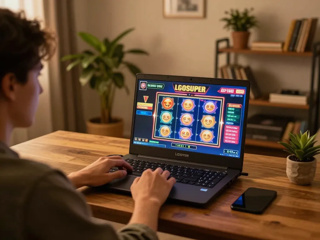 Engaging gaming on LGOSUPER with a vibrant slot interface displayed on a laptop screen