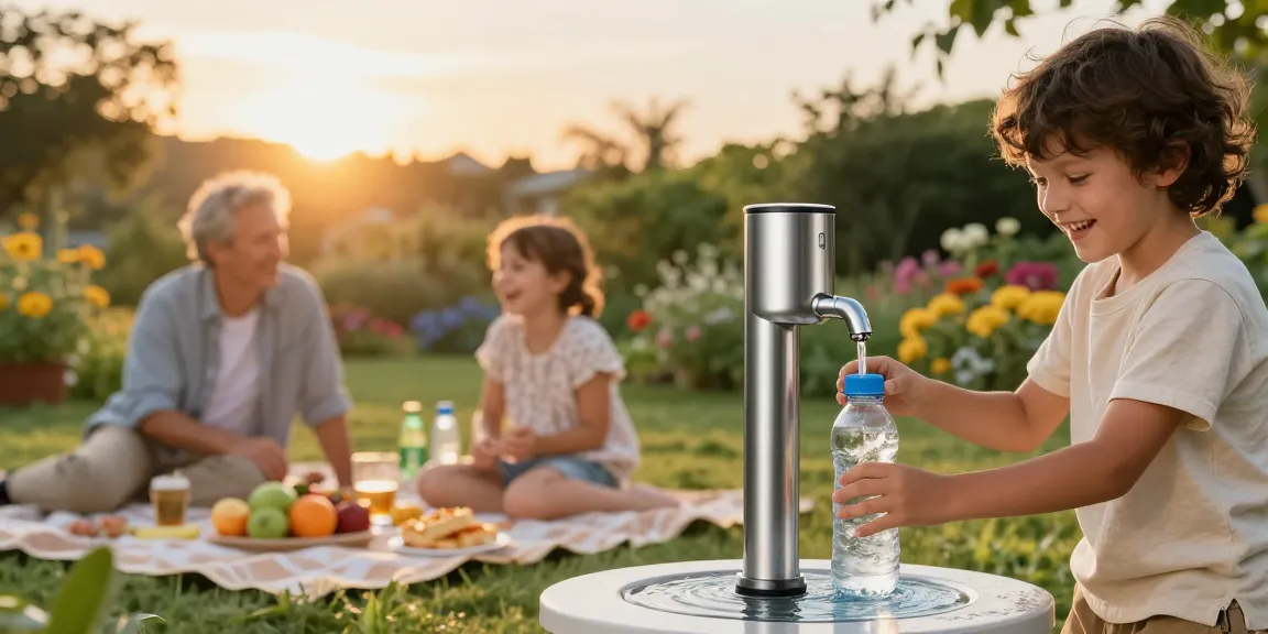 Family using Waterdrop Gravity-fed Water Filter System in a garden for fresh hydration.