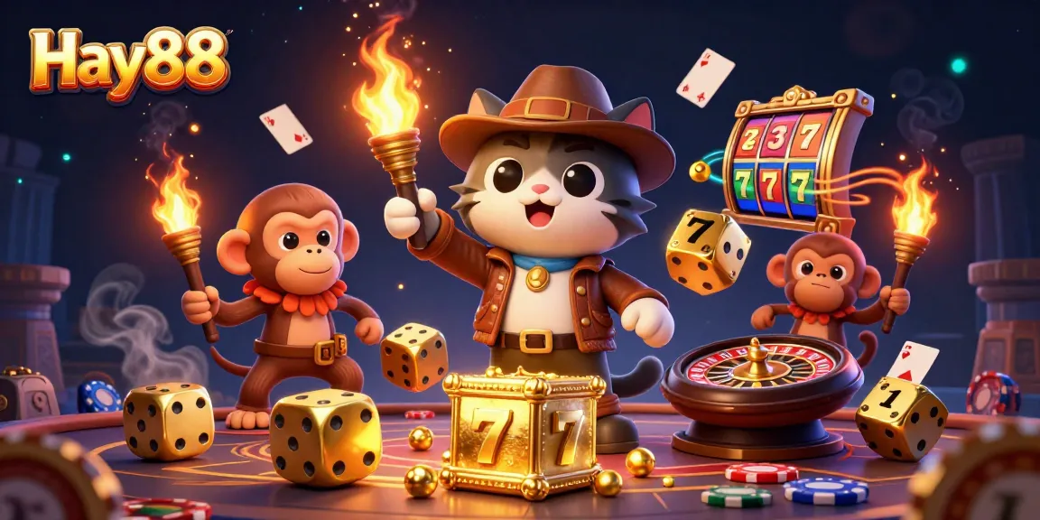 Hay88 offers an exciting casino adventure with a cat explorer and monkey companion amidst golden slots and treasures.
