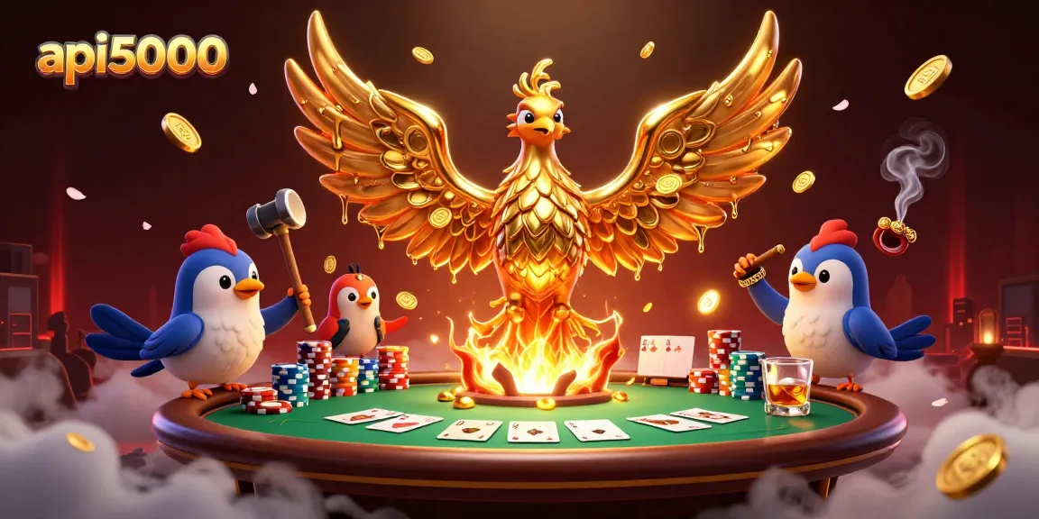 Menghadirkan api5000 dalam suasana kasino, menampilkan phoenix emas dan elemen permainan kartu yang dramatis.