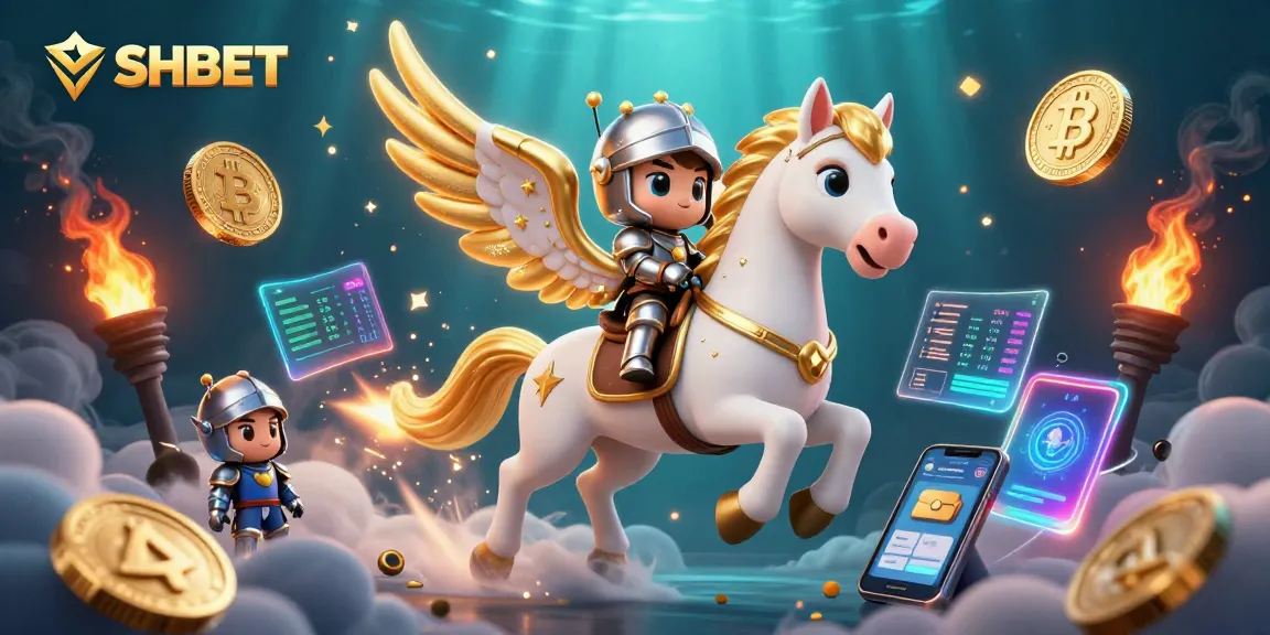 Experience the thrill of SHBET with a cosmic knight on a golden-winged horse amidst dazzling crypto elements.