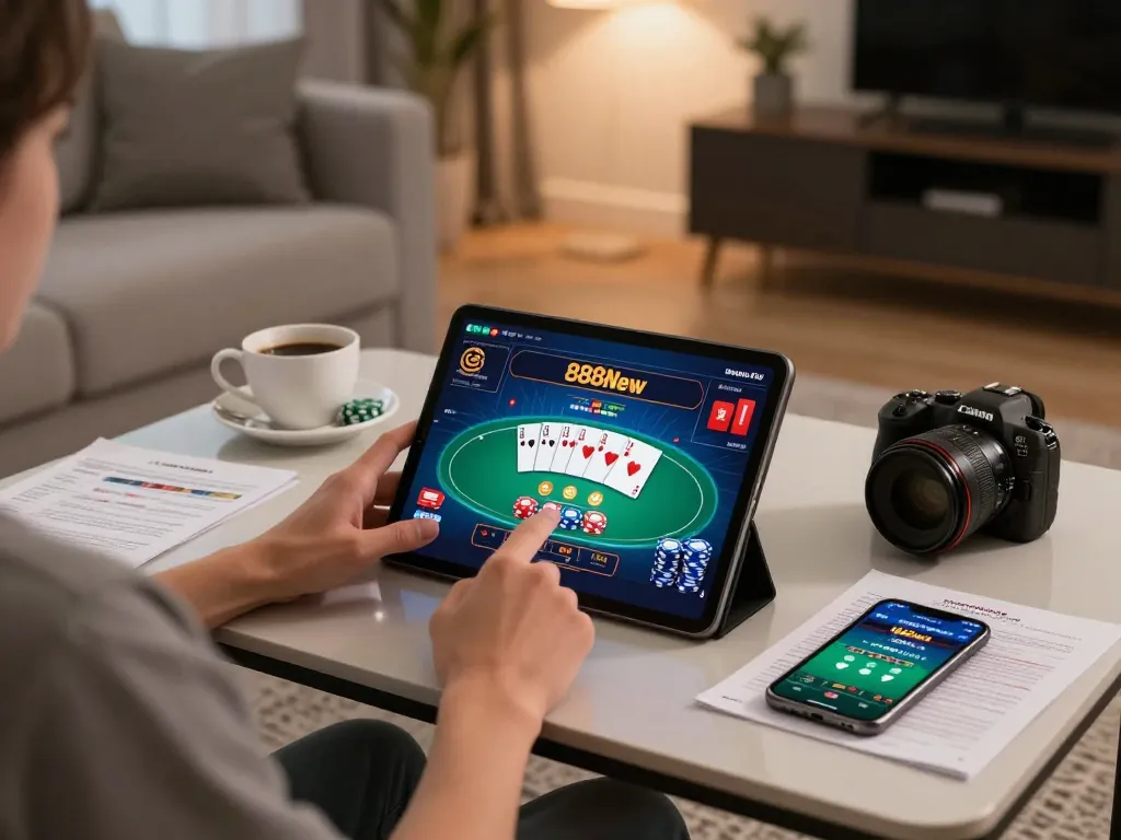 Winning with 888New while playing poker on a tablet in a cozy living space