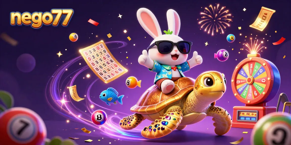 Experience thrilling gameplay with nego77 featuring a lucky rabbit and golden sea turtle among casino elements.