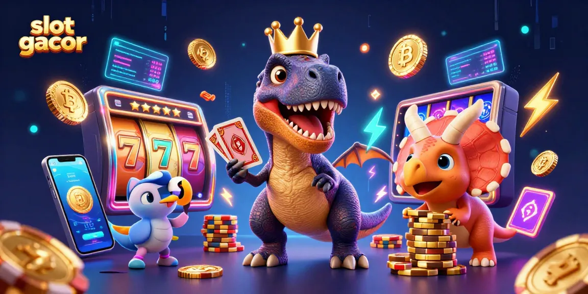 Slot gacor dengan T-Rex kartun, pterodactyl, dan triceratops dalam suasana kasino digital.