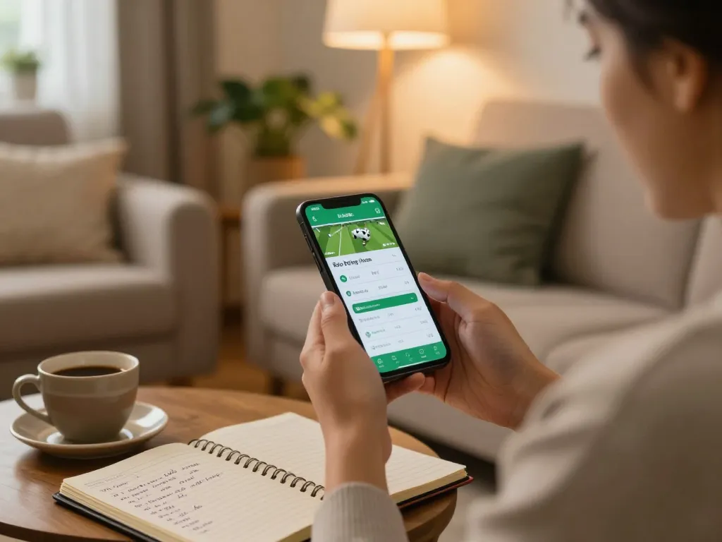 Engaging scene of a sports fan using a kèo bóng đá app on their smartphone for live betting insights.
