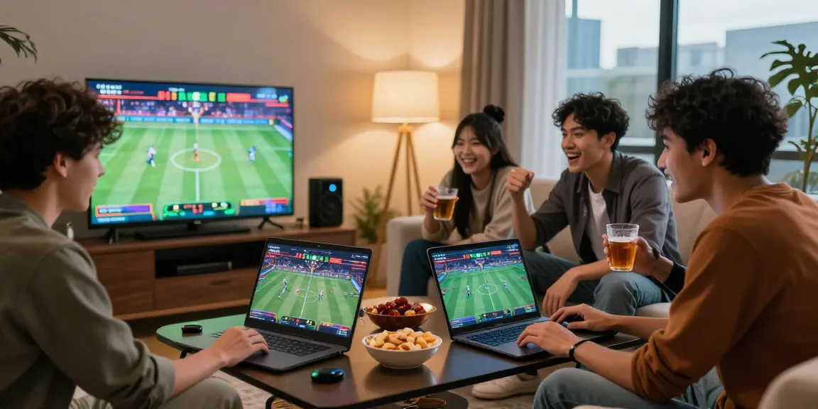 Friends engaging in sports betting together at home with OPEN88 platform on screen, creating a lively atmosphere.