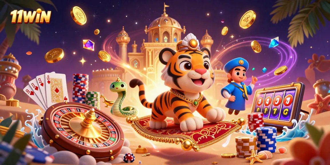 Engage with 11WIN’s captivating visual featuring a magical casino scene with sparkling gems and golden coins.