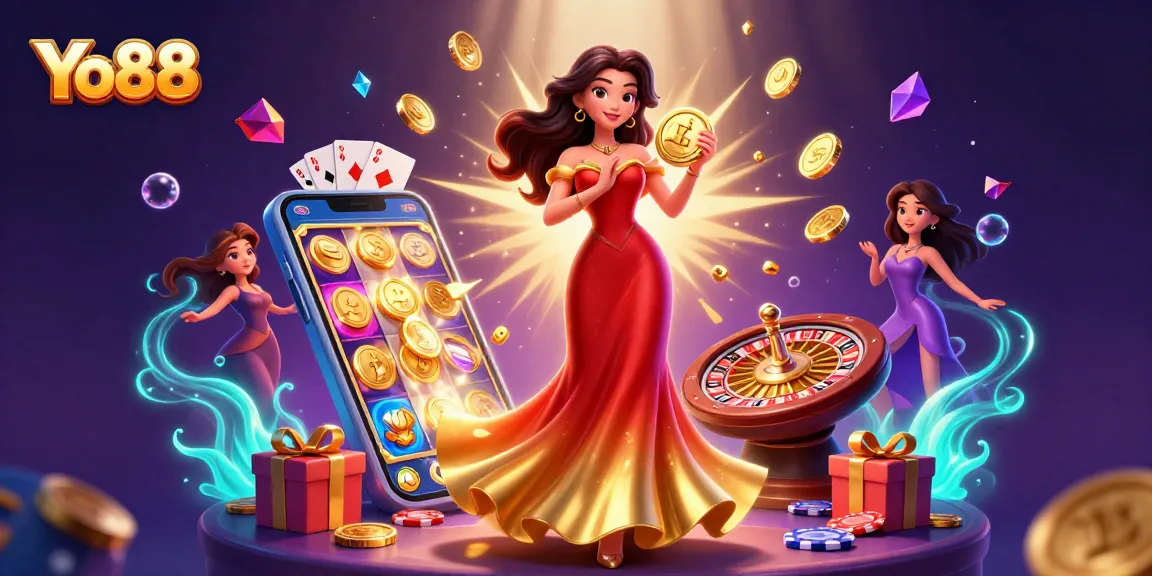 Experience thrilling wins with Yo88 as a beautiful Asian woman celebrates by holding a giant coin amidst casino elements.