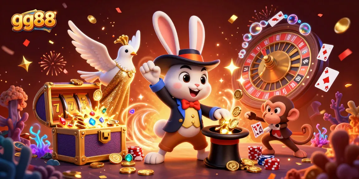 Experience excitement at gg88 with a 3D cartoon scene featuring a magician rabbit, dove, and monkey with casino elements.