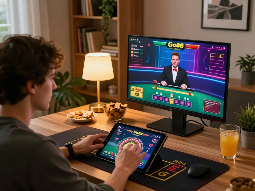 Player enjoying Go88 live dealer roulette in a cozy home office setting