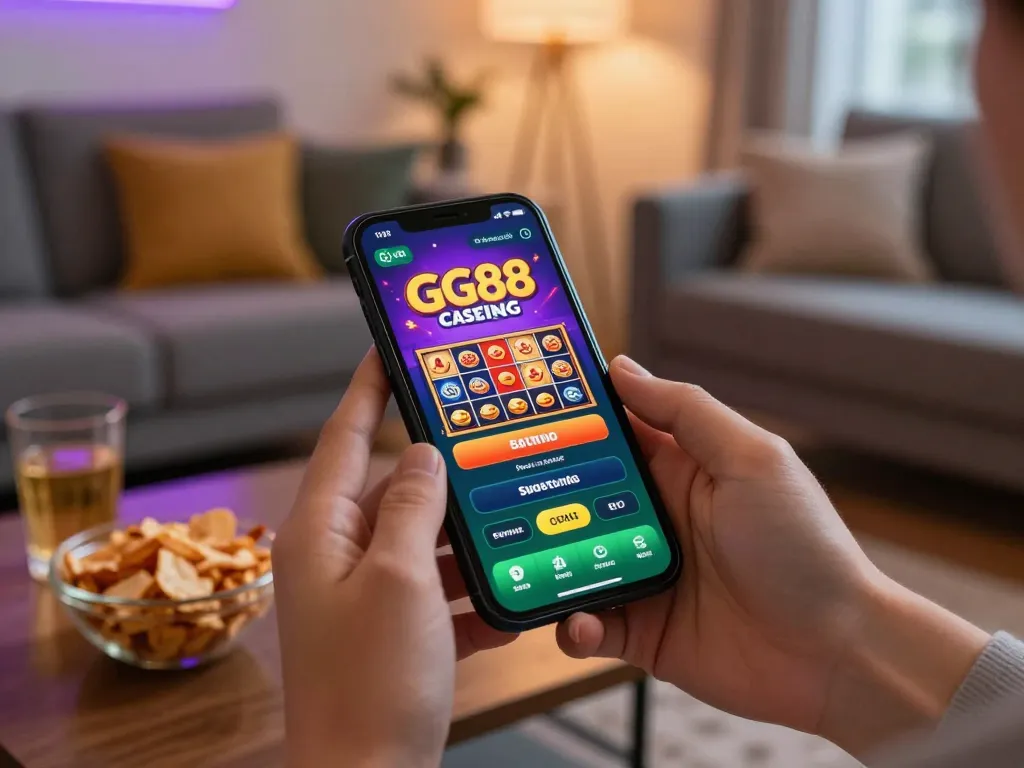 The dynamic GG88 casino app shows exciting games on a smartphone in a cozy home setting, emphasizing engaging gameplay.