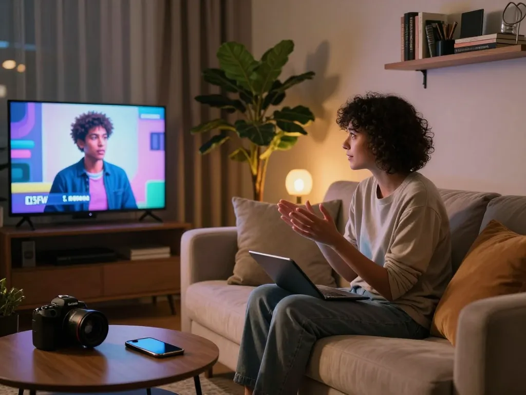 Engaging conversation with an NSFW AI character in a cozy living room setting, highlighting modern technology.