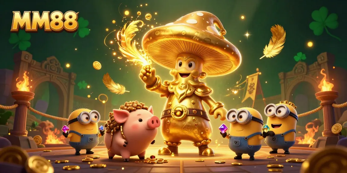 Engage with MM88's magical golden wizard amid a vibrant casino scene filled with treasure and excitement.