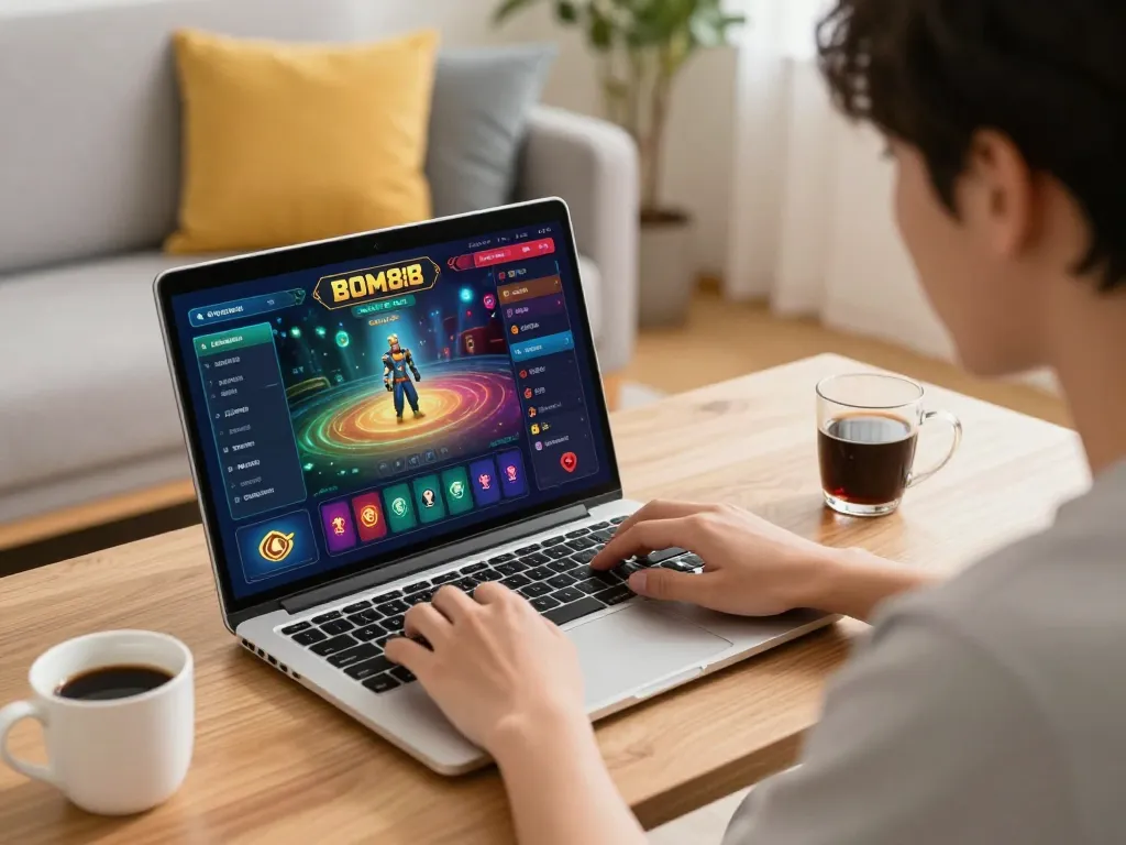 Gameplay yang menarik di BOM88 dengan pemain fokus pada antarmuka kasino online yang cerah di rumah.