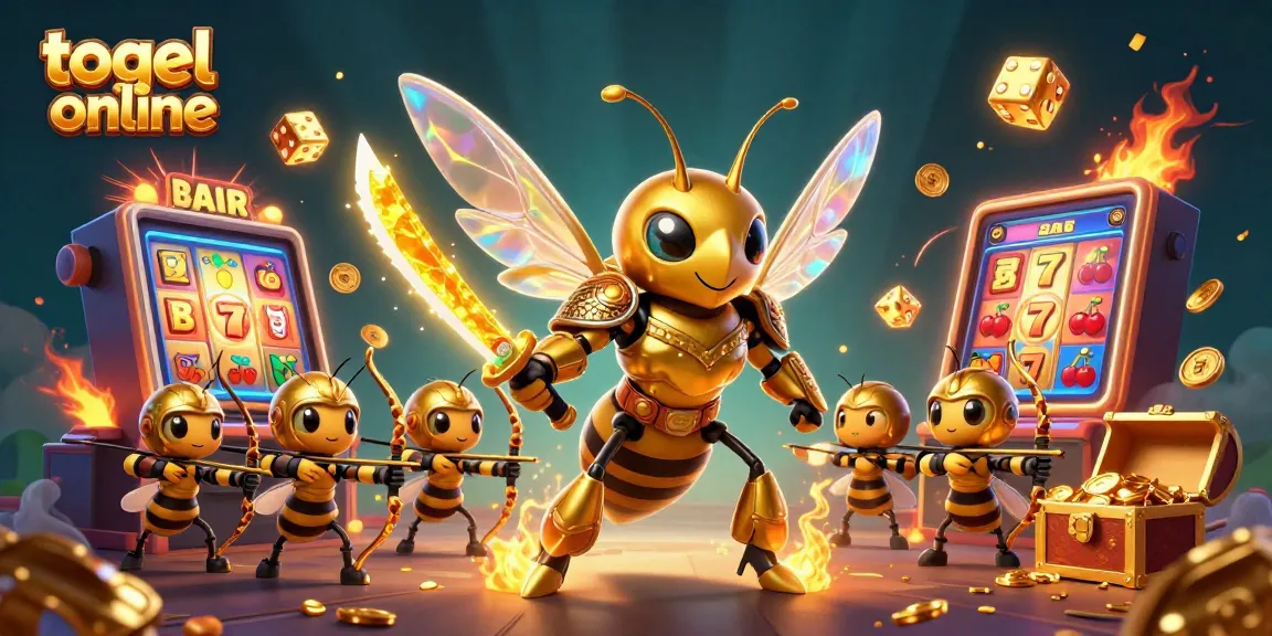 Engage with togel online as a vibrant scene with a hornet in samurai armor and playful casino elements.
