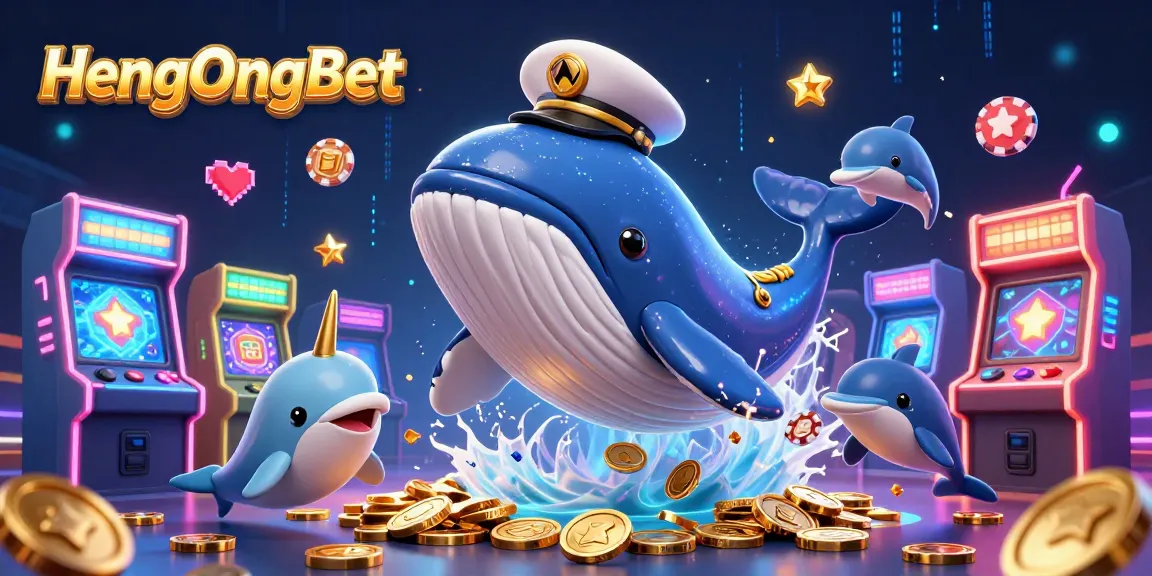 Experience exciting gaming moments with HengOngBet’s playful scene featuring a whale, narwhal, and dolphins.