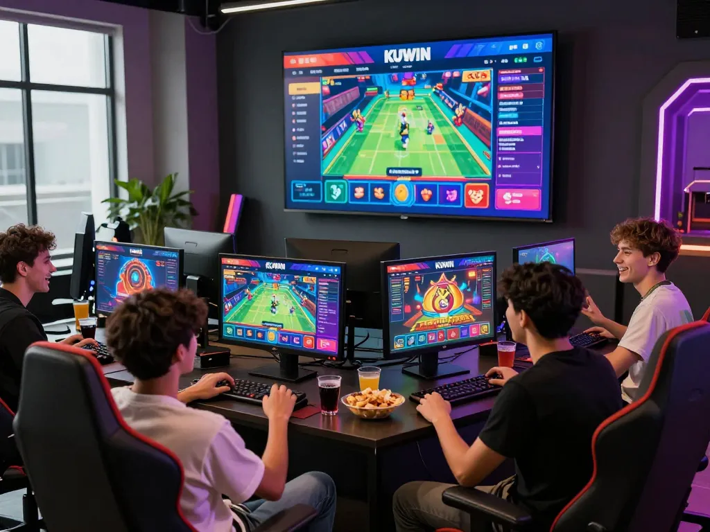 Engaged friends enjoying kuwin gaming platform with vibrant visuals.