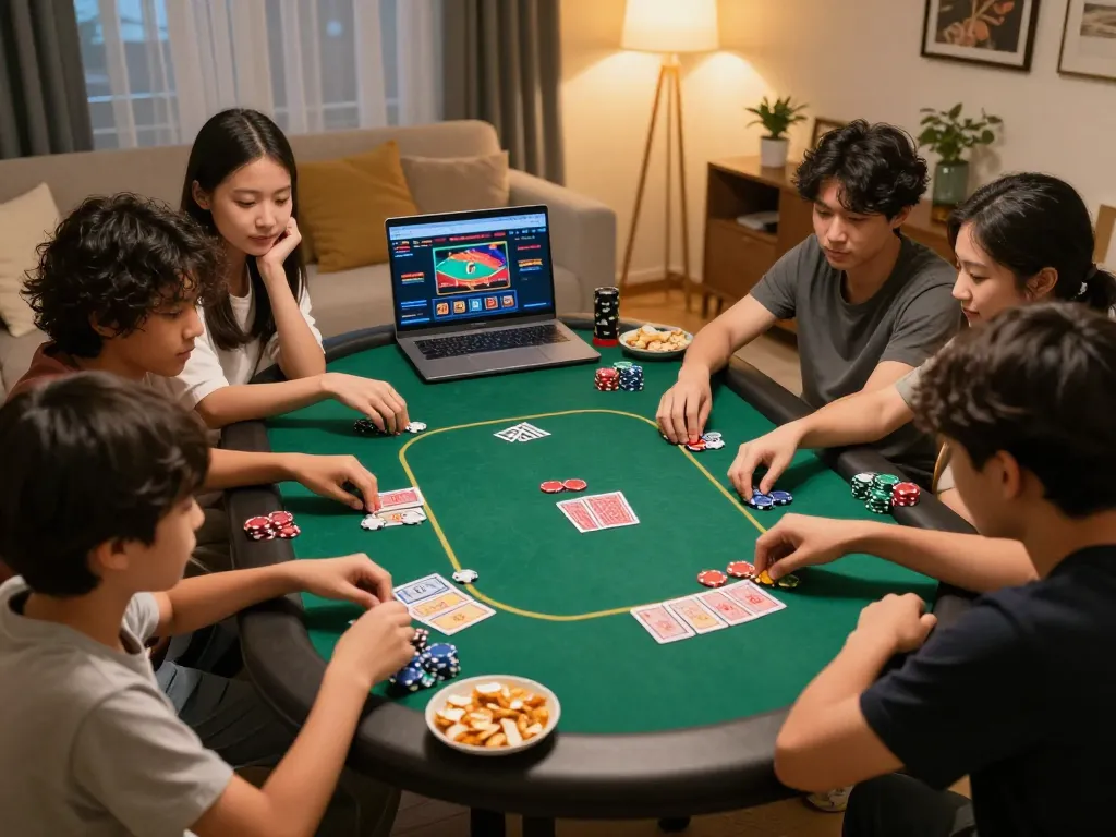 Kuwin players enjoying a friendly poker night at home, engaging in strategy and fun.
