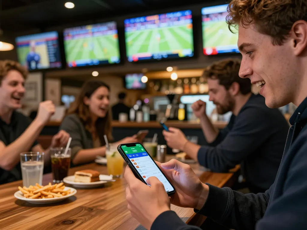 Engaged sports bettor using the debet app on a smartphone in a lively sports bar atmosphere.