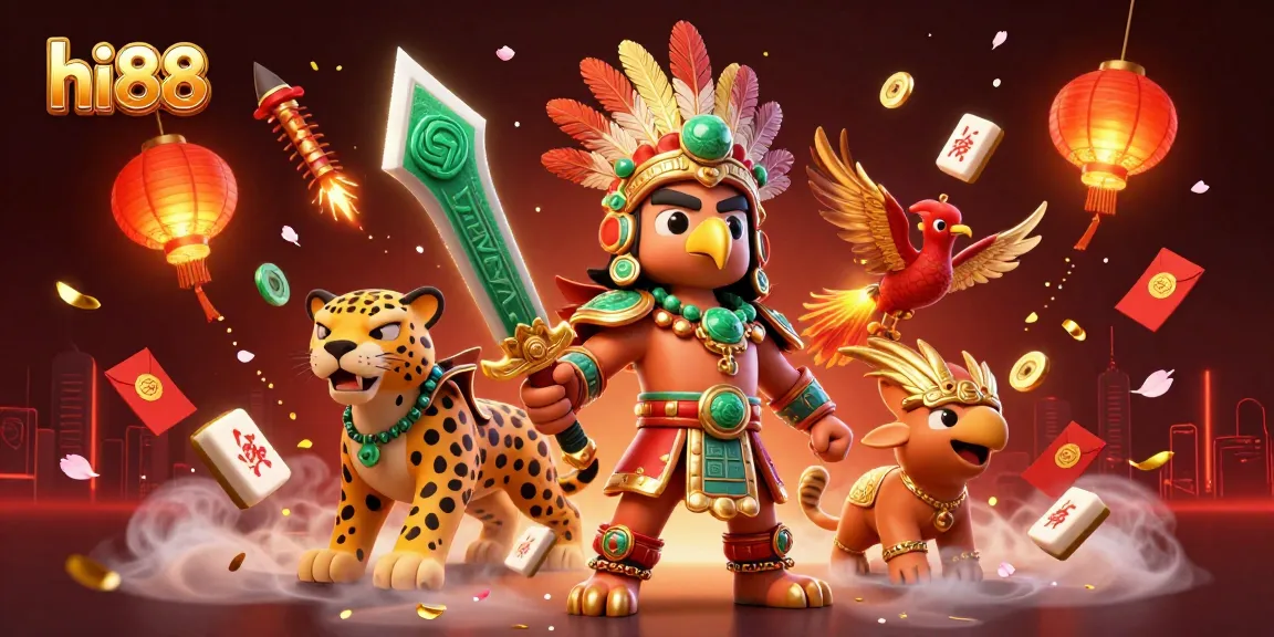 Engage in thrilling gaming with hi88's vibrant 3D casino scene featuring dynamic warriors and lucky symbols.