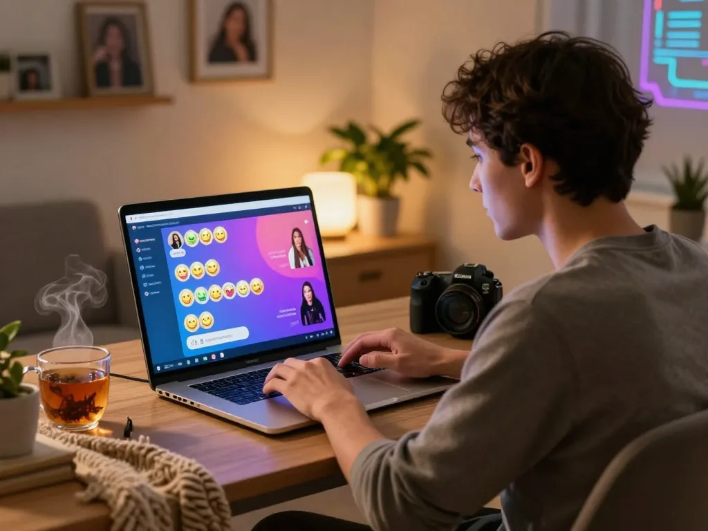 Engaging in ai sex chat on a laptop in a cozy home office with personalized digital avatars.