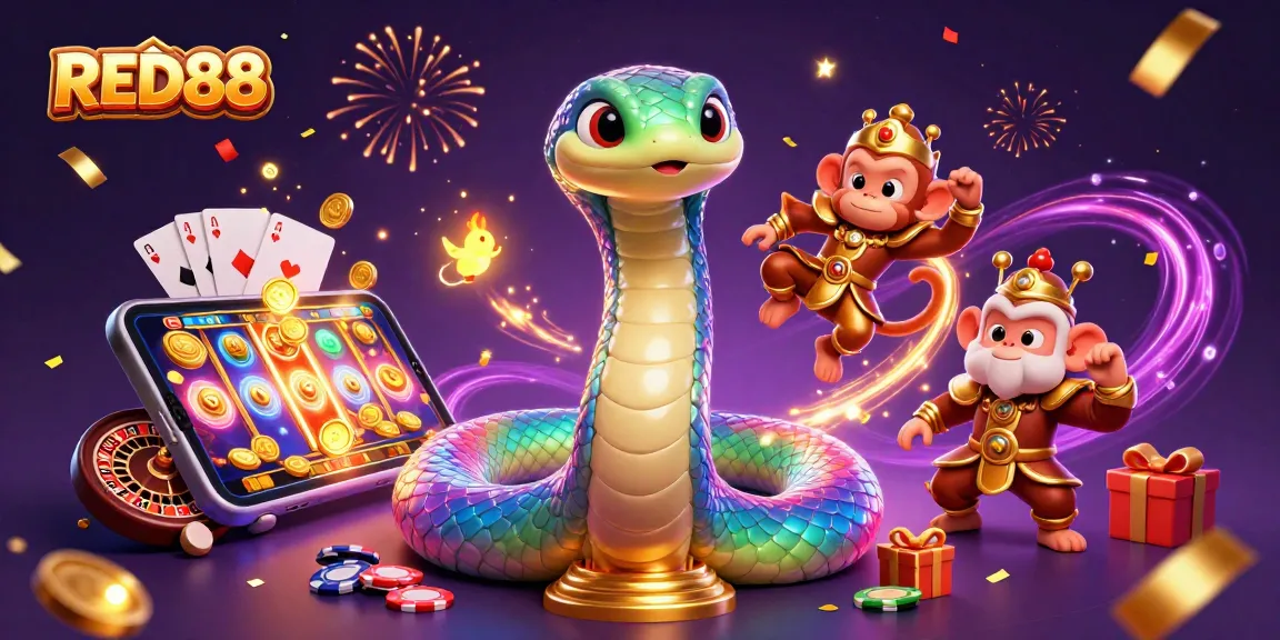 Play and win at RED88 with an epic 3D gaming scene showcasing thrilling casino elements.