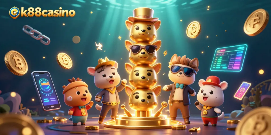 Engage with thrilling games at gk88casino featuring a vibrant 3D cartoon totem and dynamic crypto elements.