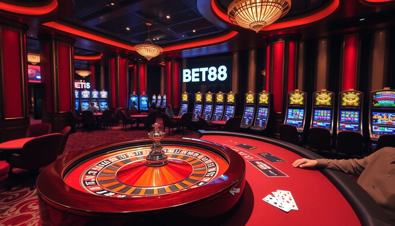 Experience the excitement of BET88 with a luxurious casino atmosphere featuring roulette and poker.